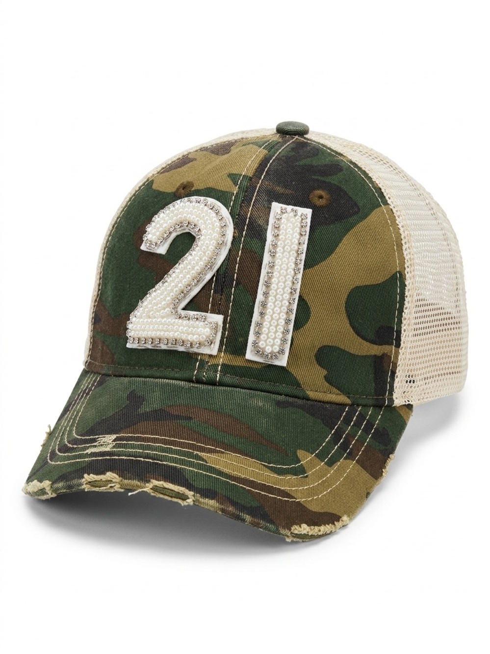 Judith March Camo Mesh Trucker Hat with Pearl "21" Patch, OS, Distressed
